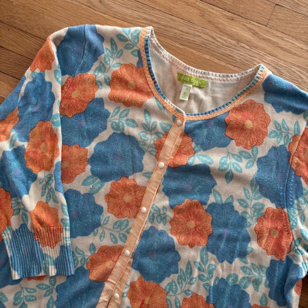 Sigrid Olsen Button Up Cardigan Sweater Women 1x Silk Blend Floral Quiet Luxury